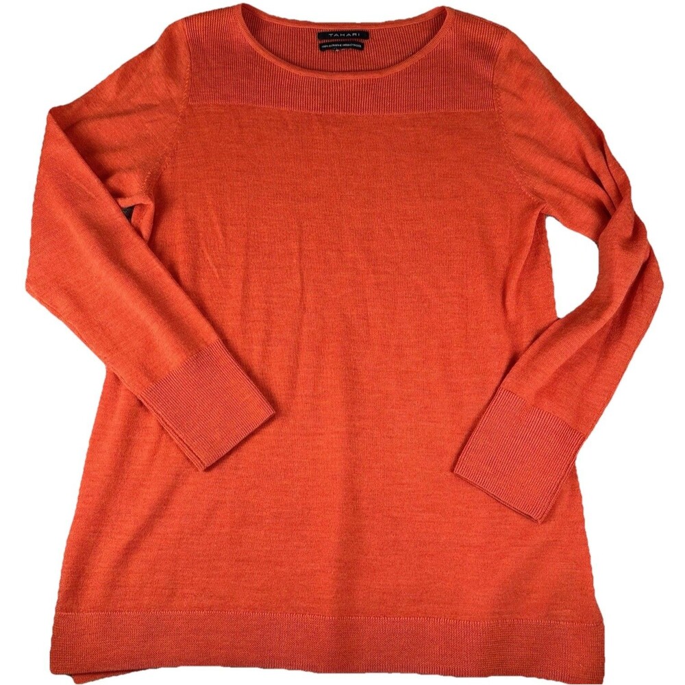Tahari Women's Medium Merino Wool Sweater Pullover Tunic Orange Long Sleeve